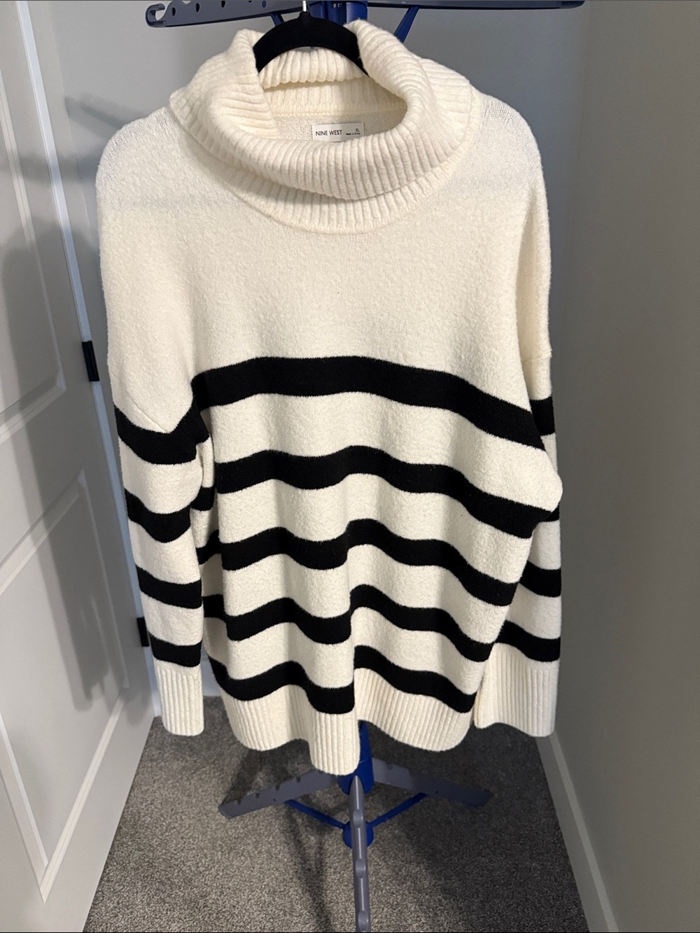 Nine West Ivory and Black Striped Cowl Neck Sweater